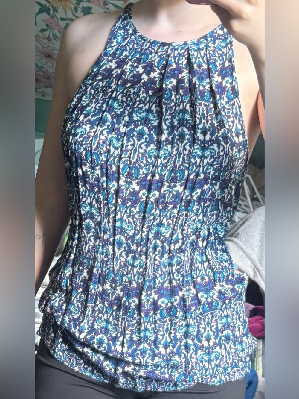 Kenar Teal, Navy & Purple Floral Halter Blouse